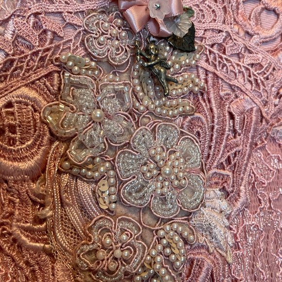 1980s L 2pc shoulderpads glam embroidered beaded fringe dress pink - Picture 3 of 5